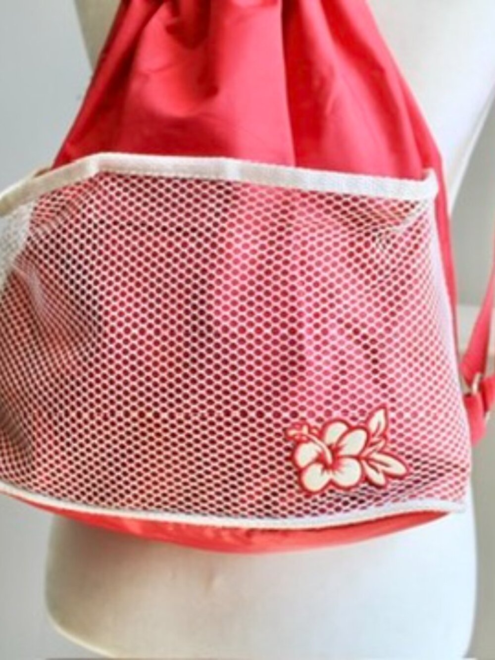 Vintage Y2K Red Nylon Floral Mesh Drawstring Outdoors Beach Bag Mini Backpack - Picture 3 of 7